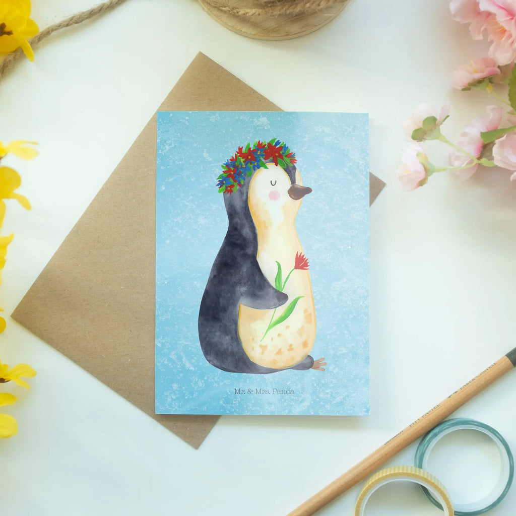 Grußkarte Pinguin Blumenkranz Grußkarte, Klappkarte, Einladungskarte, Glückwunschkarte, Hochzeitskarte, Geburtstagskarte, Karte, Ansichtskarten, Pinguin, Pinguine, Blumenkranz, Universum, Leben, Wünsche, Ziele, Lebensziele, Motivation, Lebenslust, Liebeskummer, Geschenkidee