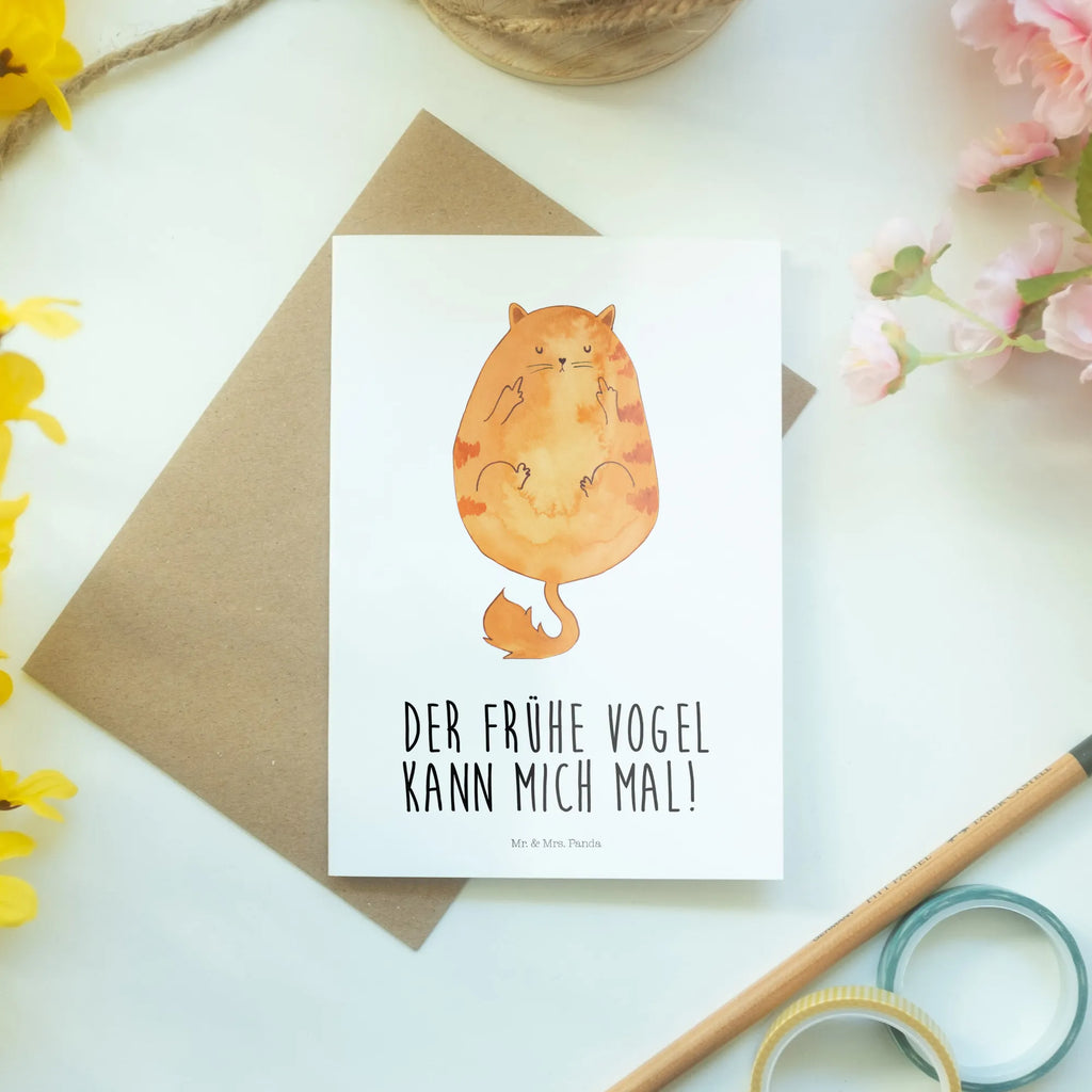 Grußkarte Katze Frühaufsteher Grußkarte, Klappkarte, Einladungskarte, Glückwunschkarte, Hochzeitskarte, Geburtstagskarte, Karte, Ansichtskarten, Katze, Katzenmotiv, Katzenfan, Katzendeko, Katzenfreund, Katzenliebhaber, Katzenprodukte, Katzenartikel, Katzenaccessoires, Katzensouvenirs, Katzenliebhaberprodukte, Katzenmotive, Der frühe Vogel kann mich mal, Morgenmuffel, Frühaufsteher, Kaffee, Katzen, Kater, Mietze