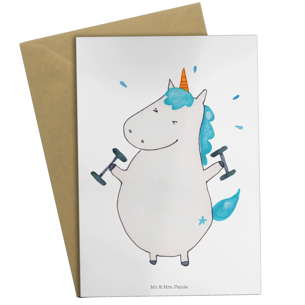 Grußkarte Einhorn Fitness Grußkarte, Klappkarte, Einladungskarte, Glückwunschkarte, Hochzeitskarte, Geburtstagskarte, Karte, Ansichtskarten, Einhorn, Einhörner, Einhorn Deko, Pegasus, Unicorn, Gym, Fitness, Fitnessstudio, Diät, Abnehmen, Sport, Pumpen, Geräte, Sixpack