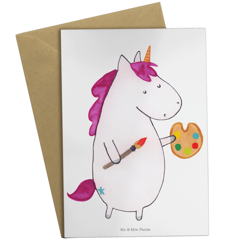 Grußkarte Einhorn Künstler Grußkarte, Klappkarte, Einladungskarte, Glückwunschkarte, Hochzeitskarte, Geburtstagskarte, Karte, Ansichtskarten, Einhorn, Einhörner, Einhorn Deko, Pegasus, Unicorn, Englisch, Künstler, Artist, Malen, Zeichnen, Welt, Farbe, Stift, Pinsel, Geschenk, Maler