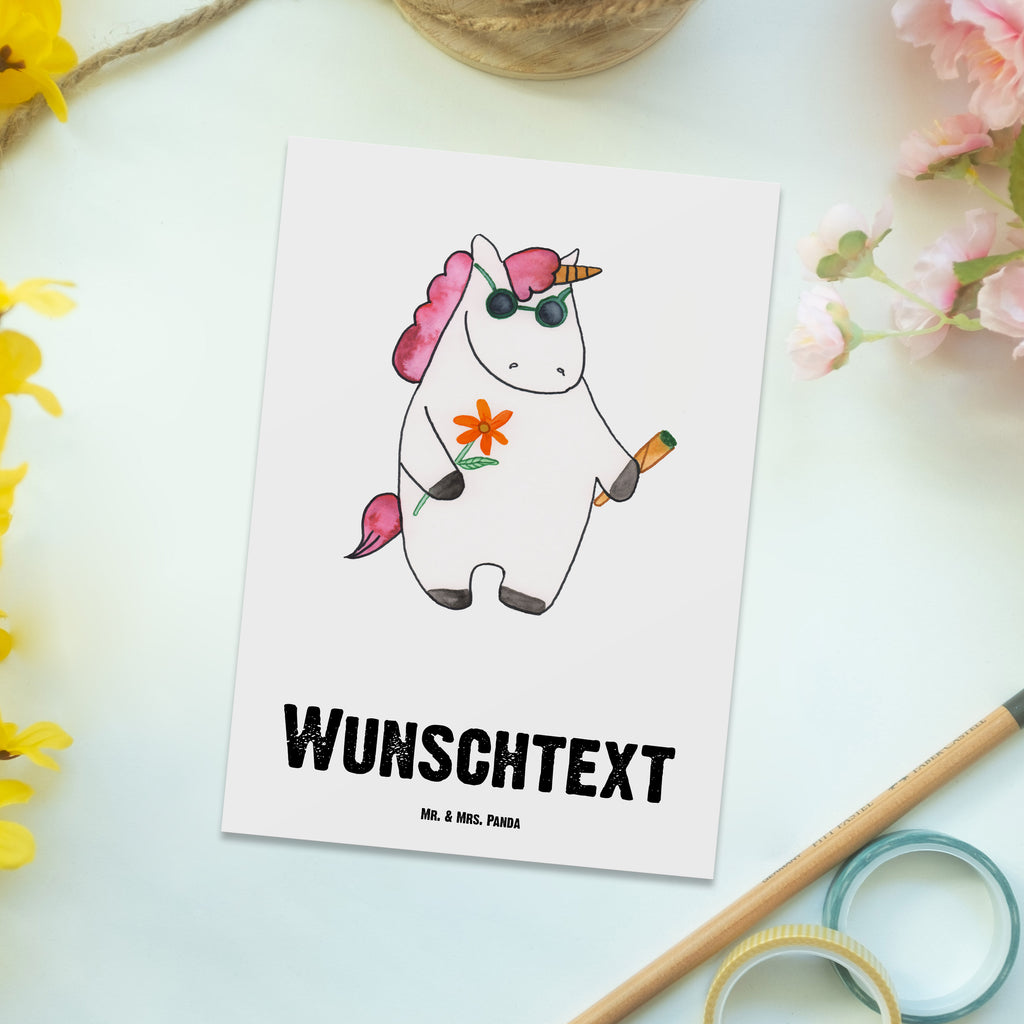 Personalisierte Postkarte Einhorn Woodstock Postkarte mit Namen, Postkarte bedrucken, Postkarte mit Wunschtext, Postkarte personalisierbar, Geschenkkarte mit Namen, Grußkarte mit Namen, Karte mit Namen, Einladung mit Namen, Ansichtskarte mit Namen, Geschenkkarte mit Wunschtext, Grußkarte mit Wunschtext, Karte mit Wunschtext, Einladung mit Wunschtext, Ansichtskarte mit Wunschtext, Einhorn, Einhörner, Einhorn Deko, Pegasus, Unicorn, Kiffen, Joint, Zigarette, Alkohol, Party, Spaß. lustig, witzig, Woodstock