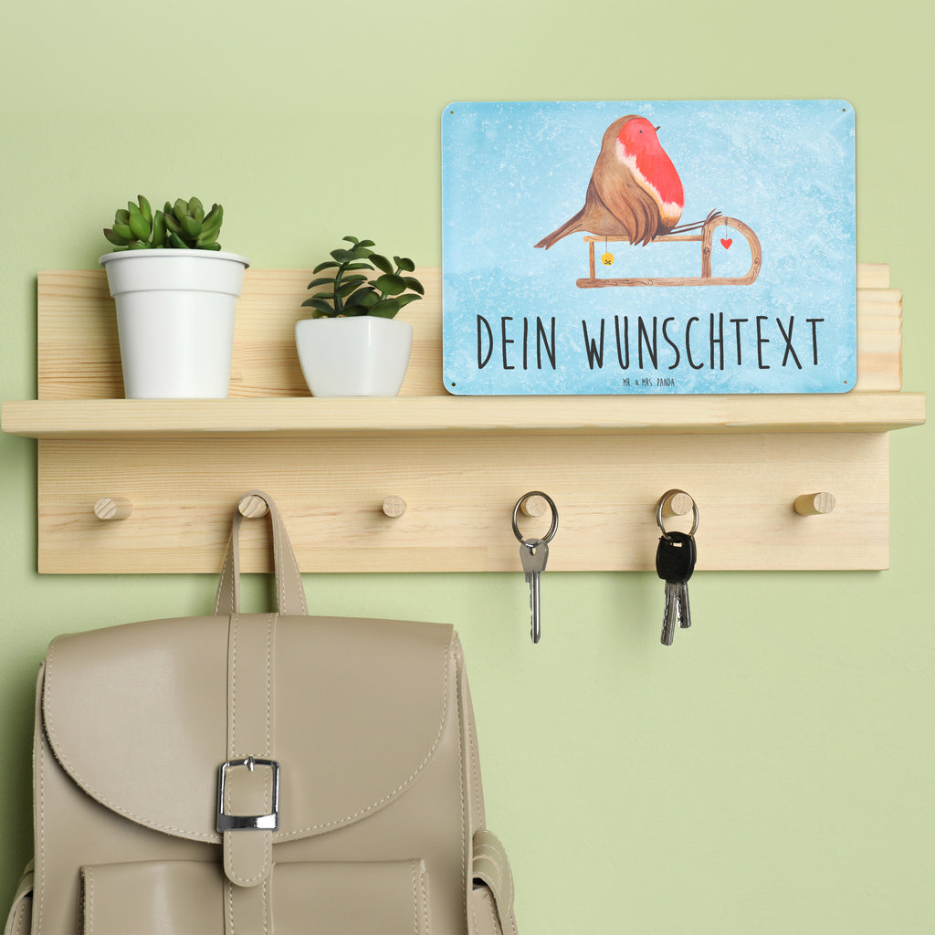 Personalisiertes Blechschild Rotkehlchen Schlitten Blechschild, Metallschild, Geschenk Schild, Schild, Magnet-Metall-Schild, Deko Schild, Wandschild, Wand-Dekoration, Türschild, Winter, Weihnachten, Weihnachtsdeko, Nikolaus, Advent, Heiligabend, Wintermotiv, Schlitten, Vogel