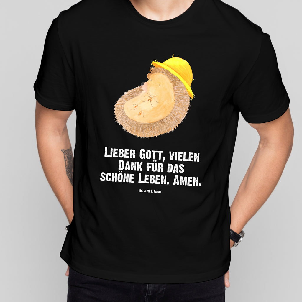 T-Shirt Standard Igel betet T-Shirt, Shirt, Tshirt, Lustiges T-Shirt, T-Shirt mit Spruch, Party, Junggesellenabschied, Jubiläum, Geburstag, Herrn, Damen, Männer, Frauen, Schlafshirt, Nachthemd, Sprüche, Tiermotive, Gute Laune, lustige Sprüche, Tiere, Igel, Igel mit Hut, Sonnenhut, Gott, Amen, beten, Leben, Dankbarkeit, Dankbar sein, dankbar, genießen