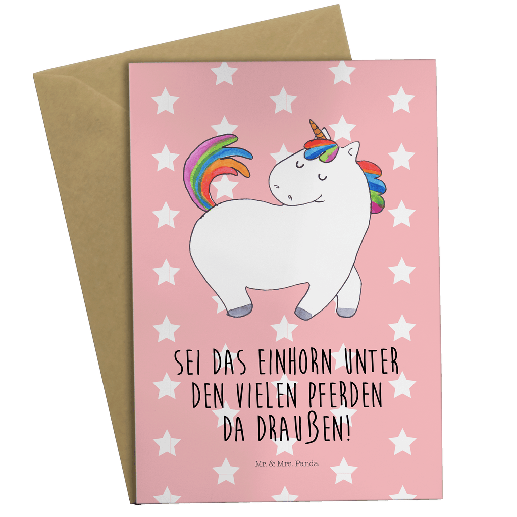 Grußkarte Einhorn Stolzieren Grußkarte, Klappkarte, Einladungskarte, Glückwunschkarte, Hochzeitskarte, Geburtstagskarte, Karte, Ansichtskarten, Einhorn, Einhörner, Einhorn Deko, Pegasus, Unicorn, stolz, anders, bunt, Pferd, Reiter, Reiten, Freundin, Geschenk