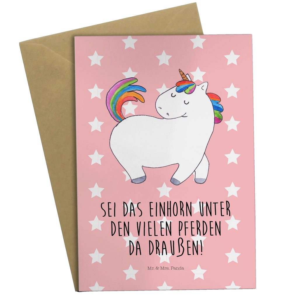 Grußkarte Einhorn Stolzieren Grußkarte, Klappkarte, Einladungskarte, Glückwunschkarte, Hochzeitskarte, Geburtstagskarte, Karte, Ansichtskarten, Einhorn, Einhörner, Einhorn Deko, Unicorn, stolz, anders, bunt, Pferd, Reiter, Reiten, Freundin, Geschenk