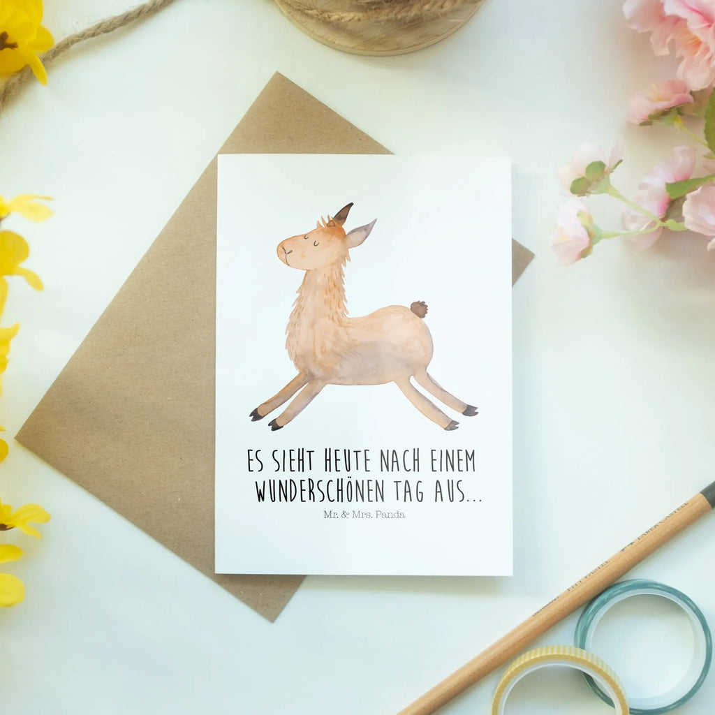 Grußkarte Lama Springen Grußkarte, Klappkarte, Einladungskarte, Glückwunschkarte, Hochzeitskarte, Geburtstagskarte, Karte, Ansichtskarten, Lama, Alpaka, Lamas, Lieblingstag, Happy day, fröhlich, Glück, Freundin, Liebeskummer, Neustart, guten Morgen, Start, Prüfung, Abitur