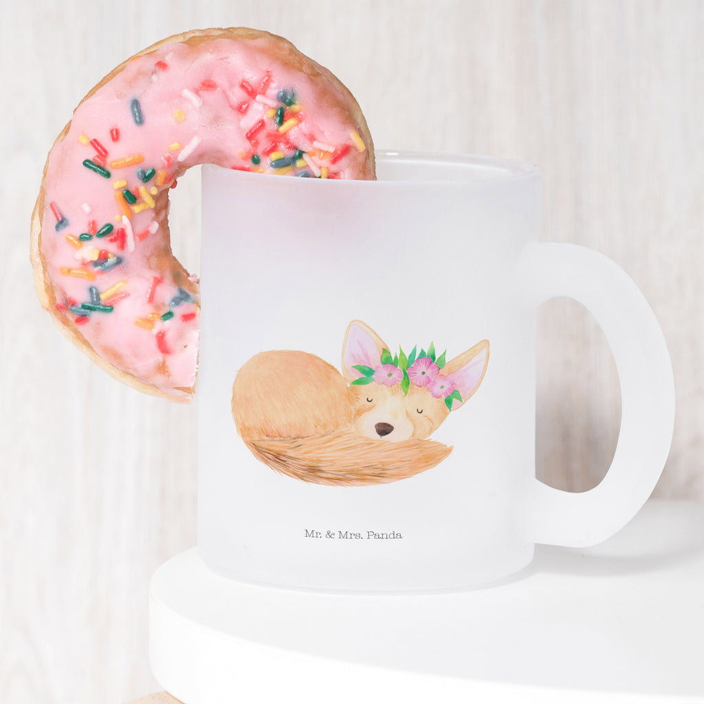 Teetasse Wüstenfuchs Blumenkranz Teetasse, Teeglas, Teebecher, Tasse mit Henkel, Tasse, Glas Teetasse, Teetasse aus Glas, Afrika, Wildtiere, Wüste, Wüstenfuchs, Blumen, Blumenkranz, Glücklich