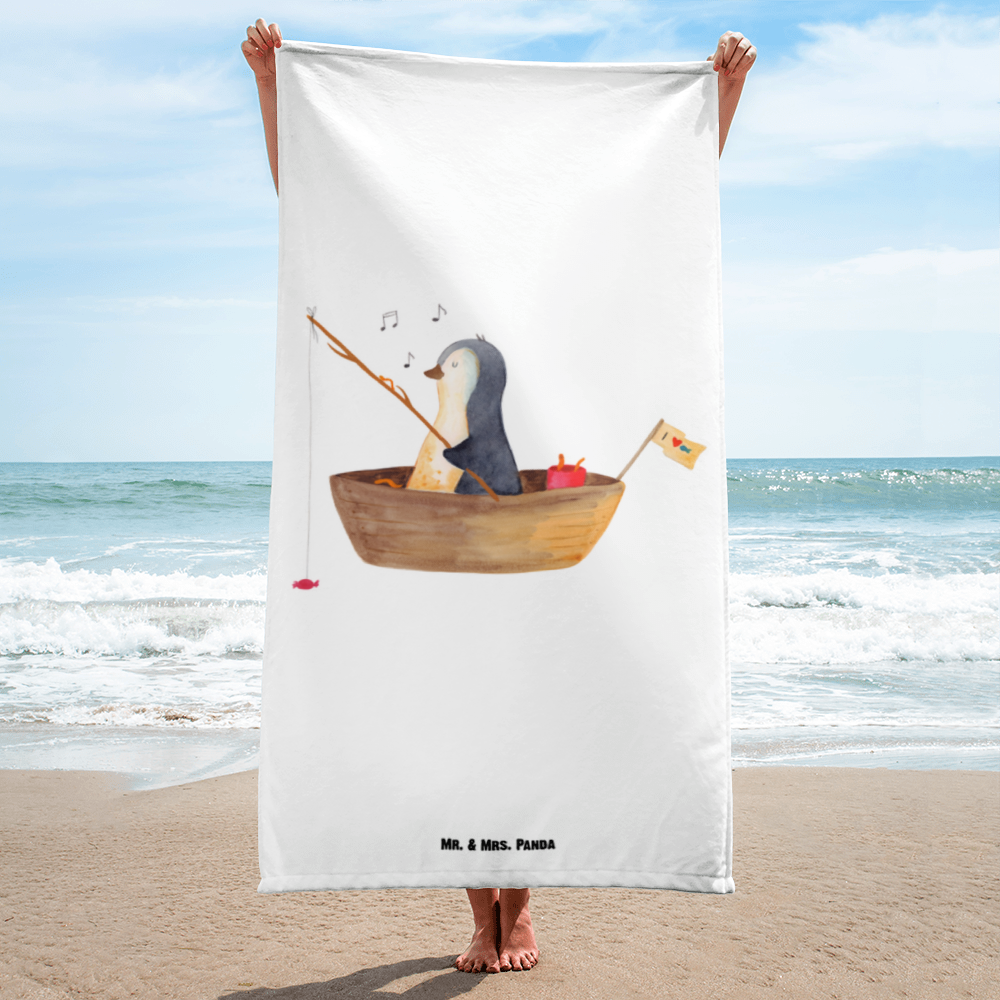 XL Badehandtuch Pinguin Angelboot Handtuch, Badetuch, Duschtuch, Strandtuch, Saunatuch, Pinguin, Pinguine, Angeln, Boot, Angelboot, Lebenslust, Leben, genießen, Motivation, Neustart, Neuanfang, Trennung, Scheidung, Geschenkidee Liebeskummer