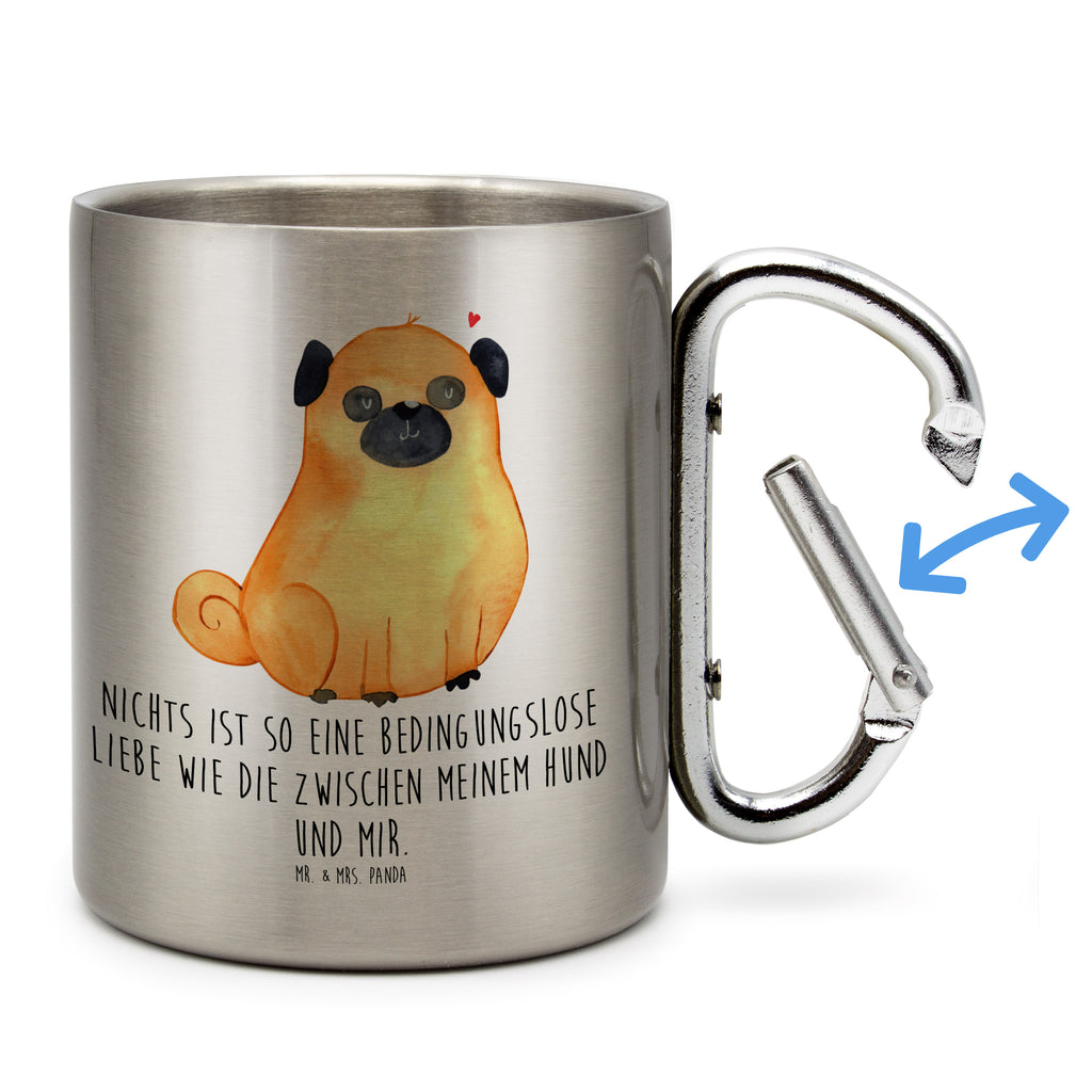 Edelstahlbecher Mops Edelstahltasse, Karabiner, Edelstahlbecher, Outdoor, Camping, Tasse, Becher, Hund, Hundemotiv, Haustier, Hunderasse, Tierliebhaber, Hundebesitzer, Sprüche, Mops, Liebe, Hundeliebe