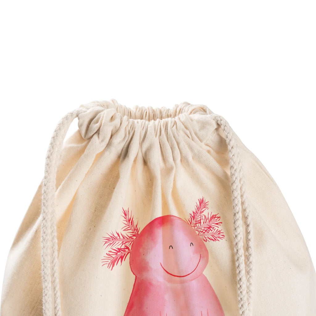 Sportbeutel Axolotl glücklich Sportbeutel, Turnbeutel, Beutel, Sporttasche, Tasche, Stoffbeutel, Sportbeutel Kinder, Gymsack, Beutel Rucksack, Kleine Sporttasche, Sportzubehör, Turnbeutel Baumwolle, Axolotl, Molch, Axolot, Schwanzlurch, Lurch, Lurche, Motivation, gute Laune