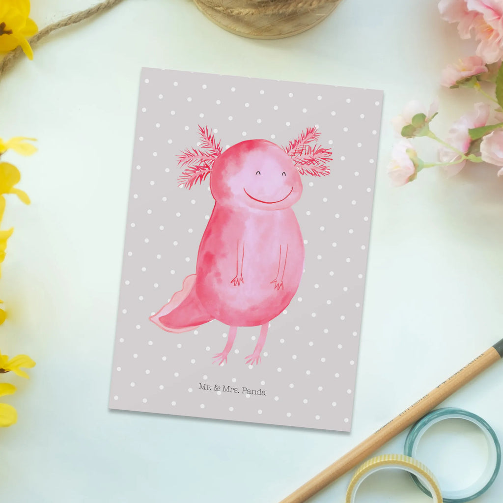 Postkarte Axolotl Glücklich Postkarte, Karte, Geschenkkarte, Grußkarte, Einladung, Ansichtskarte, Geburtstagskarte, Einladungskarte, Dankeskarte, Ansichtskarten, Einladung Geburtstag, Einladungskarten Geburtstag, Axolotl, Molch, Axolot, Schwanzlurch, Lurch, Lurche, Motivation, gute Laune