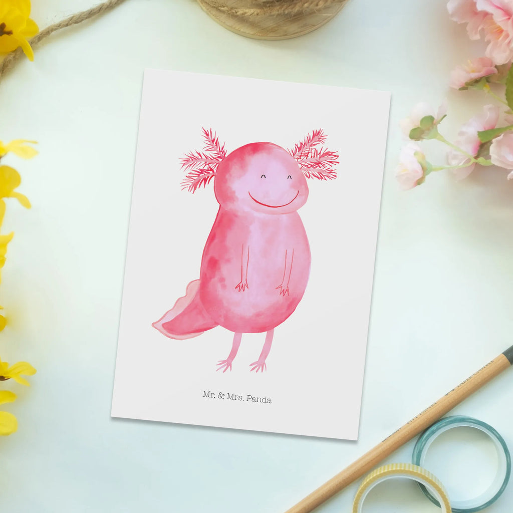 Postkarte Axolotl Glücklich Postkarte, Karte, Geschenkkarte, Grußkarte, Einladung, Ansichtskarte, Geburtstagskarte, Einladungskarte, Dankeskarte, Ansichtskarten, Einladung Geburtstag, Einladungskarten Geburtstag, Axolotl, Molch, Axolot, Schwanzlurch, Lurch, Lurche, Motivation, gute Laune