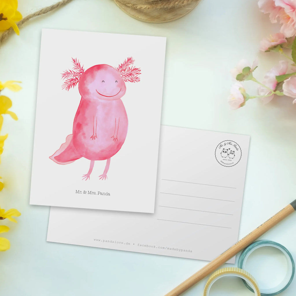 Postkarte Axolotl Glücklich Postkarte, Karte, Geschenkkarte, Grußkarte, Einladung, Ansichtskarte, Geburtstagskarte, Einladungskarte, Dankeskarte, Ansichtskarten, Einladung Geburtstag, Einladungskarten Geburtstag, Axolotl, Molch, Axolot, Schwanzlurch, Lurch, Lurche, Motivation, gute Laune