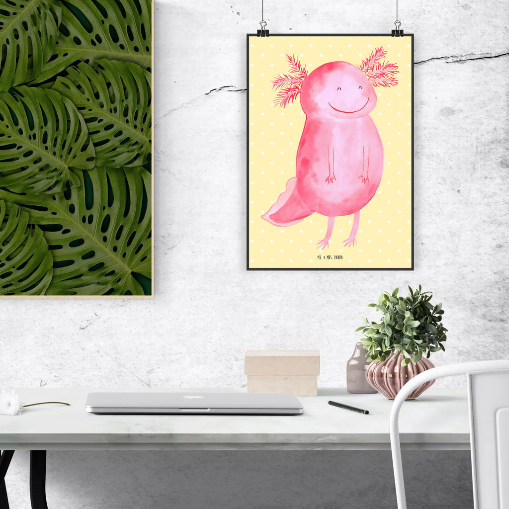 Poster Axolotl Glücklich Poster, Wandposter, Bild, Wanddeko, Küchenposter, Kinderposter, Wanddeko Bild, Raumdekoration, Wanddekoration, Handgemaltes Poster, Mr. & Mrs. Panda Poster, Designposter, Kunstdruck, Posterdruck, Axolotl, Molch, Axolot, Schwanzlurch, Lurch, Lurche, Motivation, gute Laune