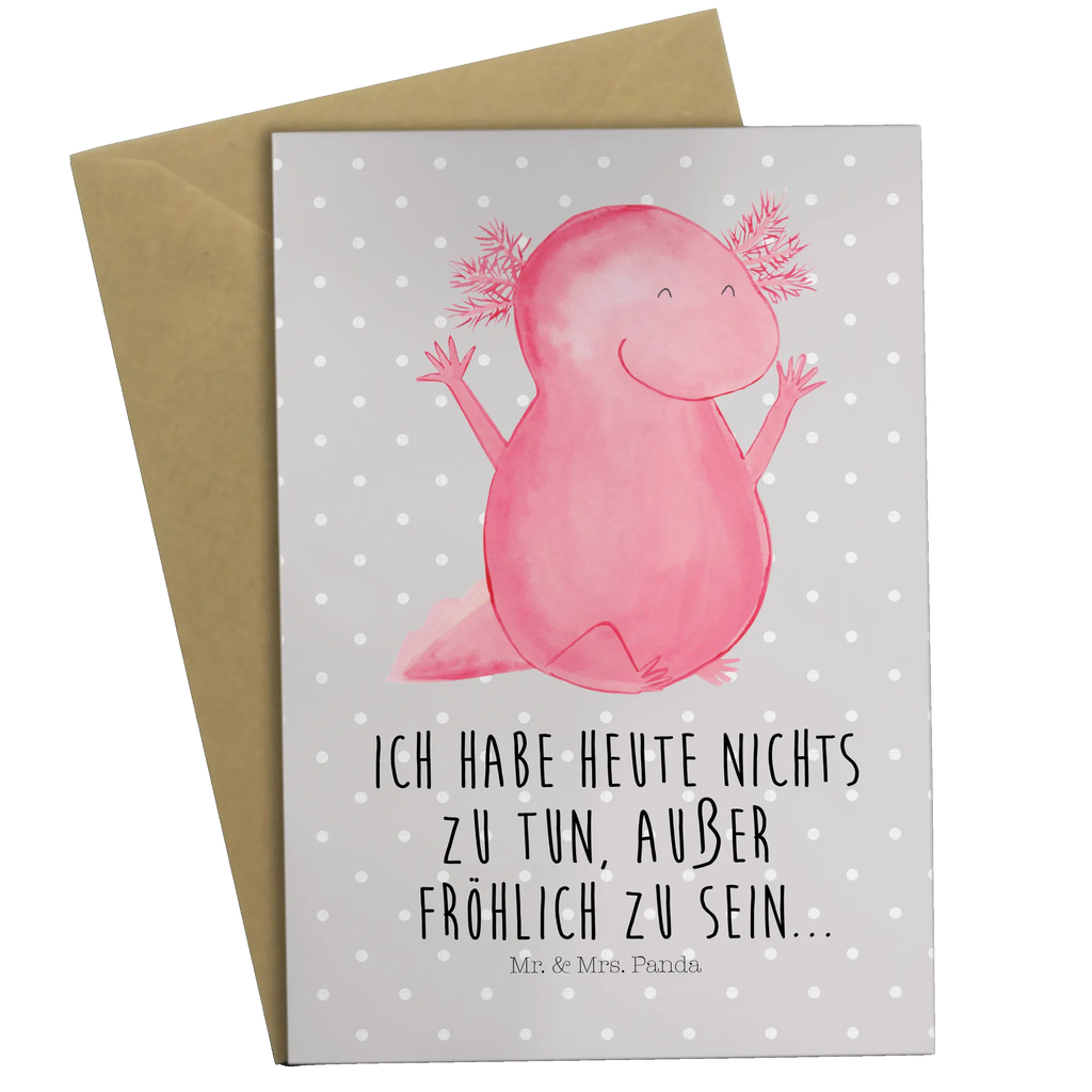 Grußkarte Axolotl Hurra Grußkarte, Klappkarte, Einladungskarte, Glückwunschkarte, Hochzeitskarte, Geburtstagskarte, Karte, Ansichtskarten, Axolotl, Molch, Axolot, Schwanzlurch, Lurch, Lurche, fröhlich, Spaß, Freude, Motivation, Zufriedenheit