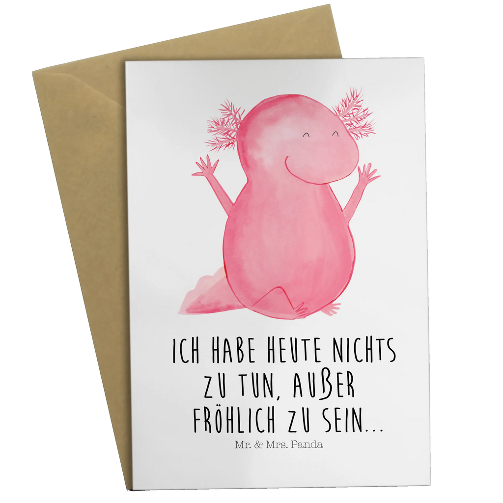 Grußkarte Axolotl Hurra Grußkarte, Klappkarte, Einladungskarte, Glückwunschkarte, Hochzeitskarte, Geburtstagskarte, Karte, Ansichtskarten, Axolotl, Molch, Axolot, Schwanzlurch, Lurch, Lurche, fröhlich, Spaß, Freude, Motivation, Zufriedenheit