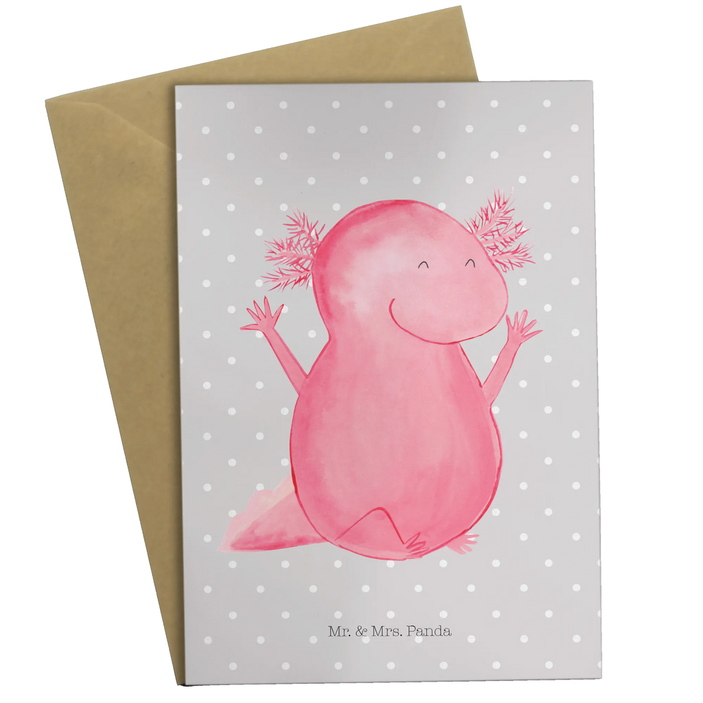 Grußkarte Axolotl Hurra Grußkarte, Klappkarte, Einladungskarte, Glückwunschkarte, Hochzeitskarte, Geburtstagskarte, Karte, Ansichtskarten, Axolotl, Molch, Axolot, Schwanzlurch, Lurch, Lurche, fröhlich, Spaß, Freude, Motivation, Zufriedenheit