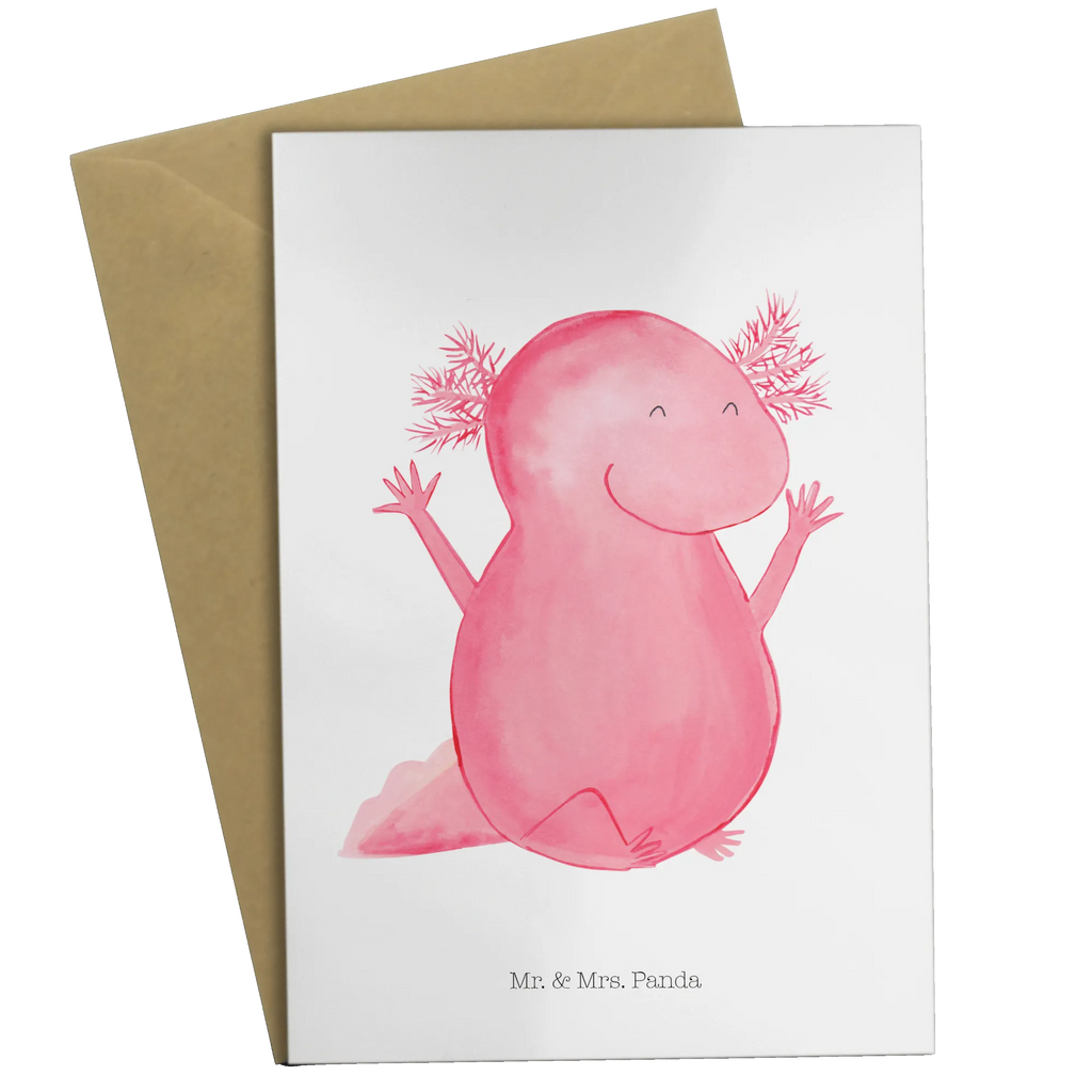 Grußkarte Axolotl Hurra Grußkarte, Klappkarte, Einladungskarte, Glückwunschkarte, Hochzeitskarte, Geburtstagskarte, Karte, Ansichtskarten, Axolotl, Molch, Axolot, Schwanzlurch, Lurch, Lurche, fröhlich, Spaß, Freude, Motivation, Zufriedenheit