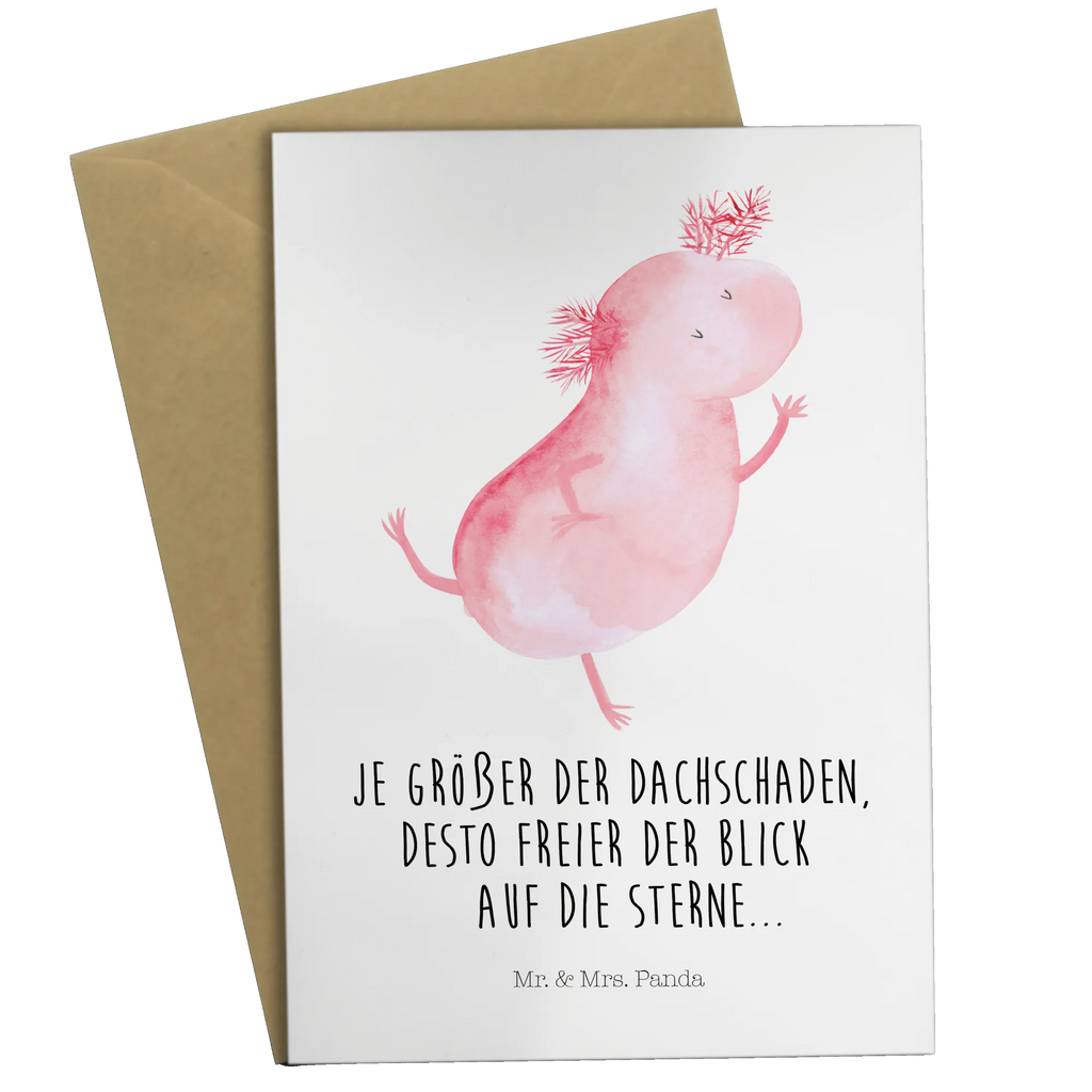 Grußkarte Axolotl tanzt Grußkarte, Klappkarte, Einladungskarte, Glückwunschkarte, Hochzeitskarte, Geburtstagskarte, Karte, Ansichtskarten, Axolotl, Molch, Axolot, Schwanzlurch, Lurch, Lurche, Dachschaden, Sterne, verrückt, Freundin, beste Freundin