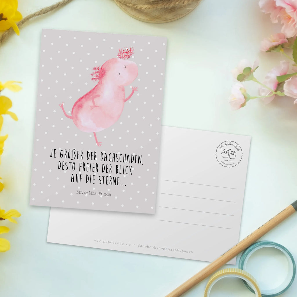 Postkarte Axolotl Tanzen Postkarte, Karte, Geschenkkarte, Grußkarte, Einladung, Ansichtskarte, Geburtstagskarte, Einladungskarte, Dankeskarte, Ansichtskarten, Einladung Geburtstag, Einladungskarten Geburtstag, Axolotl, Molch, Axolot, Schwanzlurch, Lurch, Lurche, Dachschaden, Sterne, verrückt, Freundin, beste Freundin