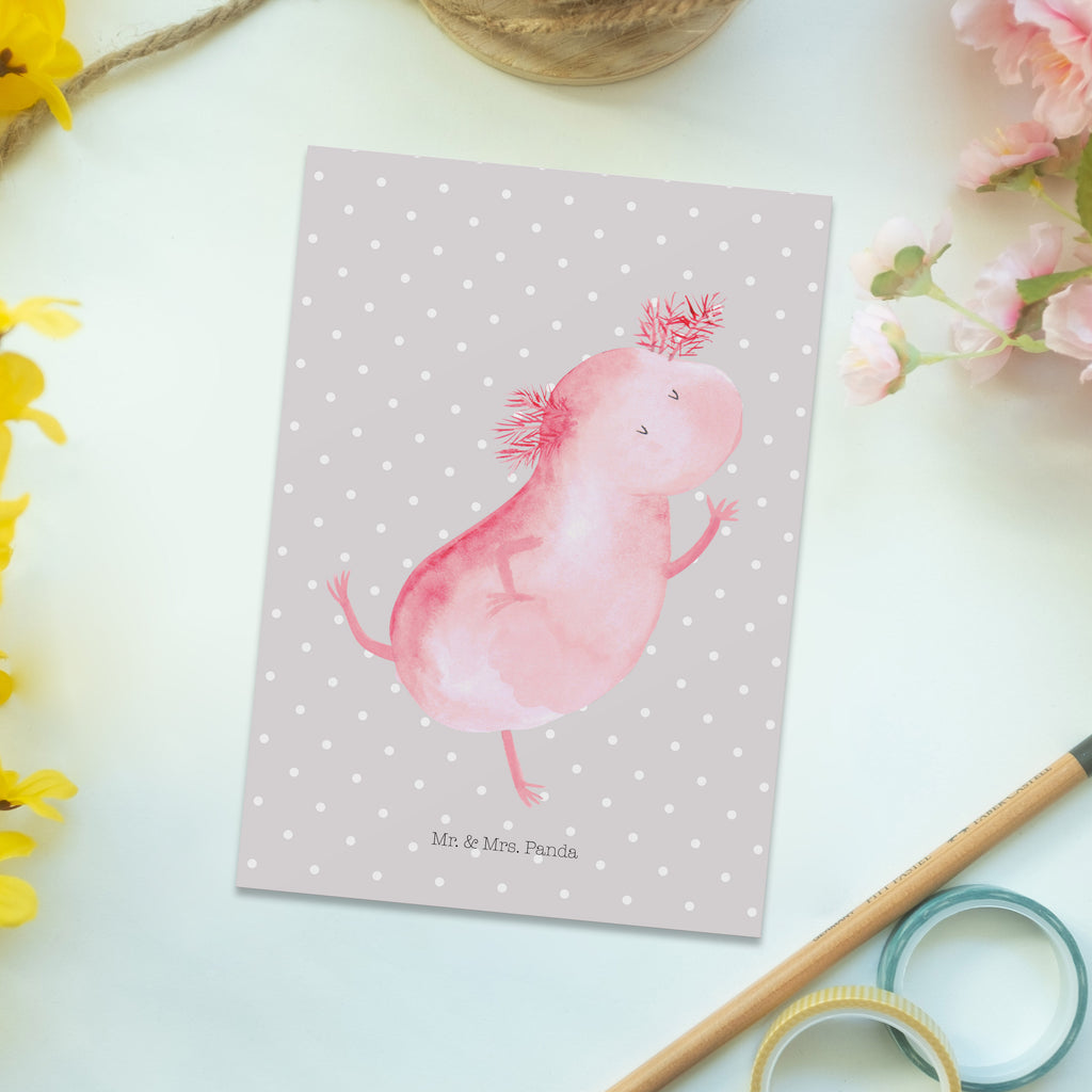 Postkarte Axolotl Tanzen Postkarte, Karte, Geschenkkarte, Grußkarte, Einladung, Ansichtskarte, Geburtstagskarte, Einladungskarte, Dankeskarte, Ansichtskarten, Einladung Geburtstag, Einladungskarten Geburtstag, Axolotl, Molch, Axolot, Schwanzlurch, Lurch, Lurche, Dachschaden, Sterne, verrückt, Freundin, beste Freundin