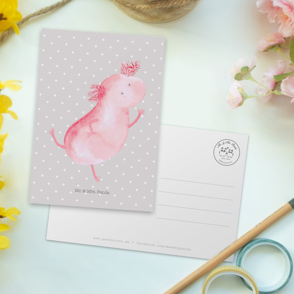 Postkarte Axolotl Tanzen Postkarte, Karte, Geschenkkarte, Grußkarte, Einladung, Ansichtskarte, Geburtstagskarte, Einladungskarte, Dankeskarte, Ansichtskarten, Einladung Geburtstag, Einladungskarten Geburtstag, Axolotl, Molch, Axolot, Schwanzlurch, Lurch, Lurche, Dachschaden, Sterne, verrückt, Freundin, beste Freundin