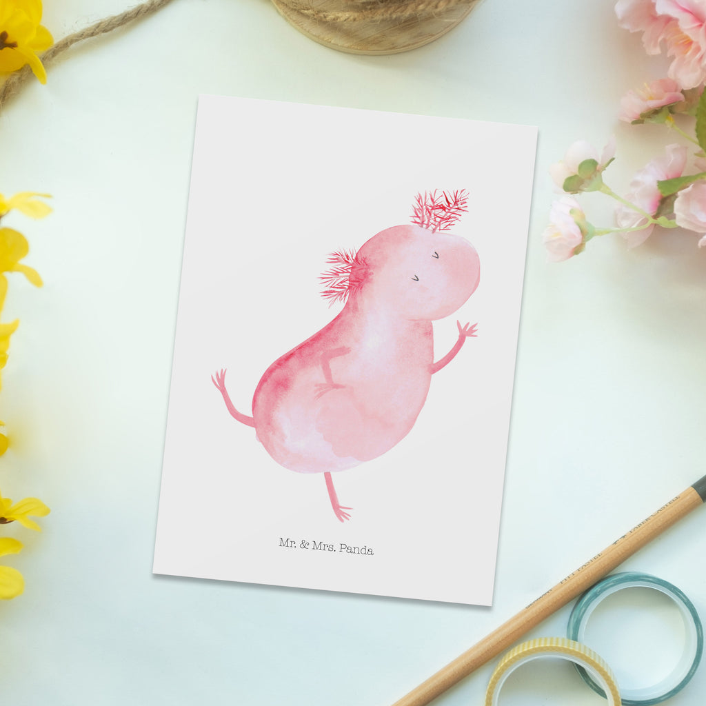 Postkarte Axolotl Tanzen Postkarte, Karte, Geschenkkarte, Grußkarte, Einladung, Ansichtskarte, Geburtstagskarte, Einladungskarte, Dankeskarte, Ansichtskarten, Einladung Geburtstag, Einladungskarten Geburtstag, Axolotl, Molch, Axolot, Schwanzlurch, Lurch, Lurche, Dachschaden, Sterne, verrückt, Freundin, beste Freundin