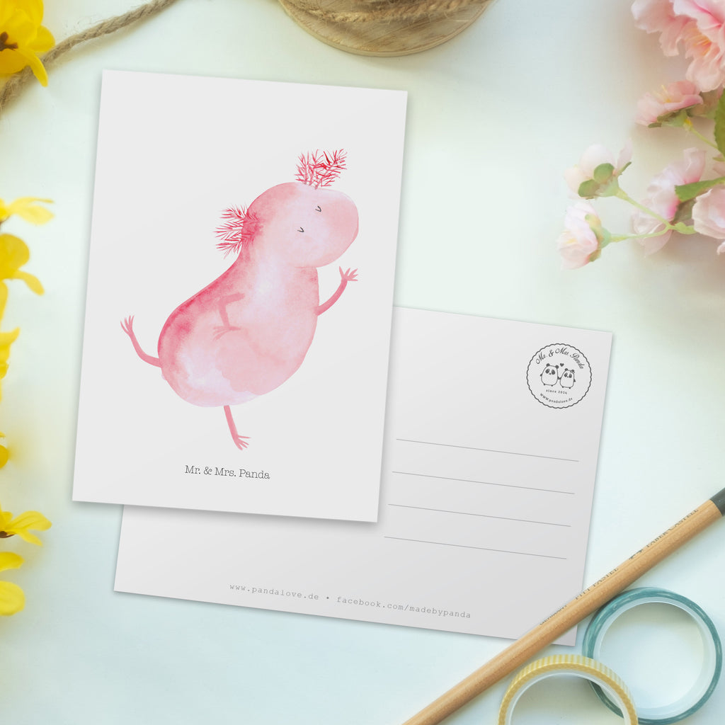 Postkarte Axolotl Tanzen Postkarte, Karte, Geschenkkarte, Grußkarte, Einladung, Ansichtskarte, Geburtstagskarte, Einladungskarte, Dankeskarte, Ansichtskarten, Einladung Geburtstag, Einladungskarten Geburtstag, Axolotl, Molch, Axolot, Schwanzlurch, Lurch, Lurche, Dachschaden, Sterne, verrückt, Freundin, beste Freundin