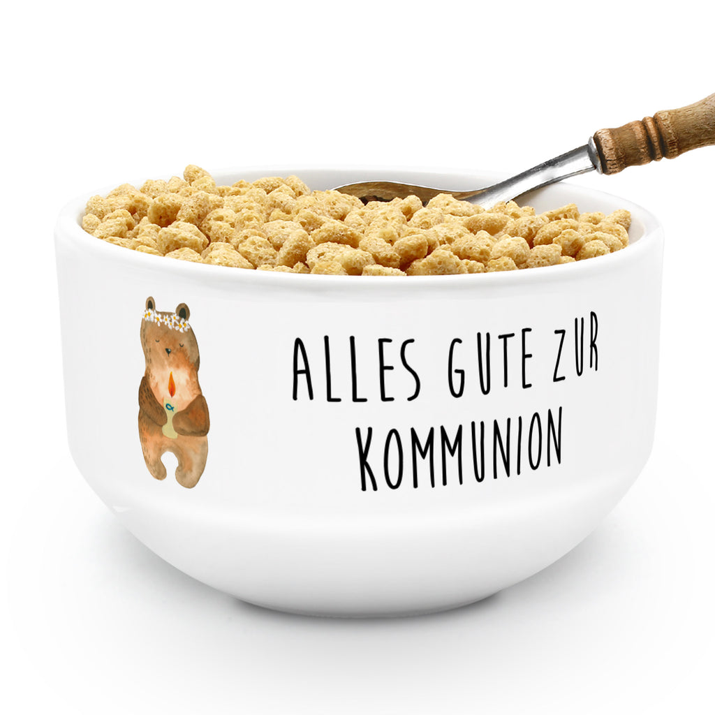 Müslischale Kommunion-Bär Müslischale, Müslischüssel, Früstücksschüssel, Schüssel, Keramik Schüssel, Dessertschüssel, Salatschüssel, Suppenschüssel, Obstschale, Porzellan Schale, Snackschale, Bär, Teddy, Teddybär, Kommunion, Gottes Segen, Taufkerze, katholisch