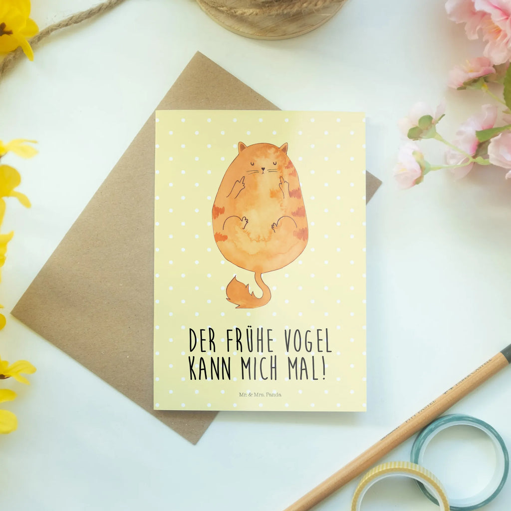 Grußkarte Katze Frühaufsteher Grußkarte, Klappkarte, Einladungskarte, Glückwunschkarte, Hochzeitskarte, Geburtstagskarte, Karte, Ansichtskarten, Katze, Katzenmotiv, Katzenfan, Katzendeko, Katzenfreund, Katzenliebhaber, Katzenprodukte, Katzenartikel, Katzenaccessoires, Katzensouvenirs, Katzenliebhaberprodukte, Katzenmotive, Der frühe Vogel kann mich mal, Morgenmuffel, Frühaufsteher, Kaffee, Katzen, Kater, Mietze