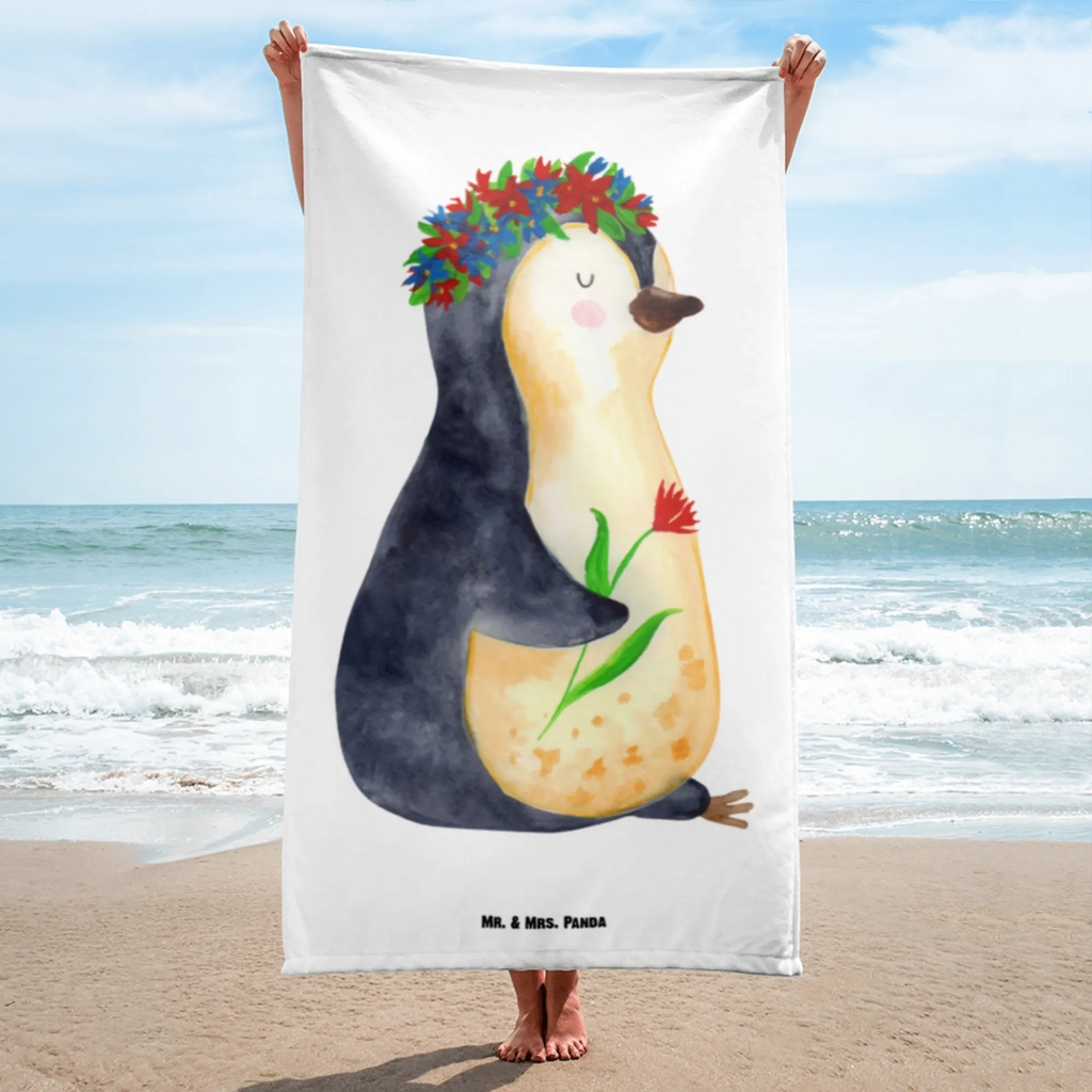 XL Badehandtuch Pinguin Blumenkranz Handtuch, Badetuch, Duschtuch, Strandtuch, Saunatuch, Pinguin, Pinguine, Blumenkranz, Universum, Leben, Wünsche, Ziele, Lebensziele, Motivation, Lebenslust, Liebeskummer, Geschenkidee