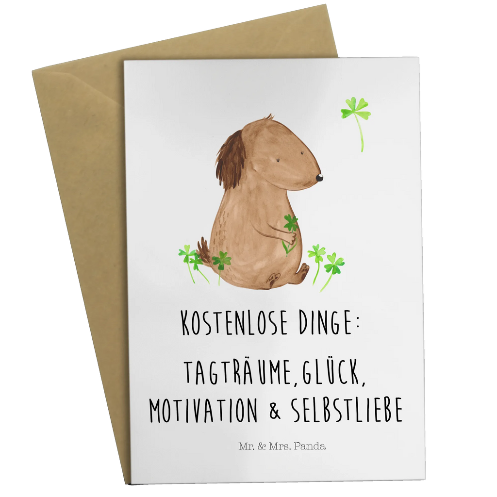 Grußkarte Hund Kleeblatt Grußkarte, Klappkarte, Einladungskarte, Glückwunschkarte, Hochzeitskarte, Geburtstagskarte, Karte, Ansichtskarten, Hund, Hundemotiv, Haustier, Hunderasse, Tierliebhaber, Hundebesitzer, Sprüche, Kleeblatt, Glück, Tagträume, Motivation, Neuanfang, Geschenk, Glücksbringer, Selbstliebe, Achtsamkeit