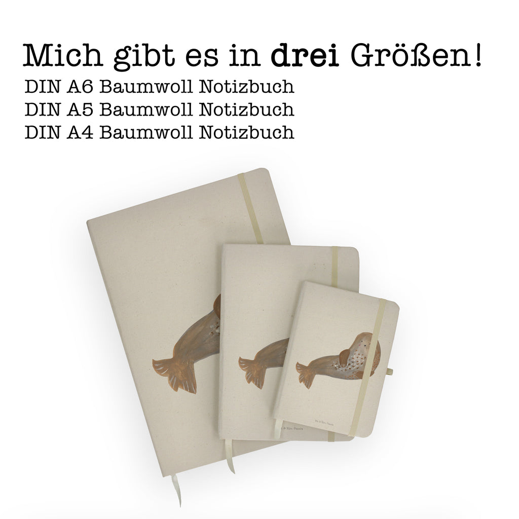 Baumwoll Notizbuch Robbe lachend Notizen, Eintragebuch, Tagebuch, Notizblock, Adressbuch, Journal, Kladde, Skizzenbuch, Notizheft, Schreibbuch, Schreibheft, Tiermotive, Gute Laune, lustige Sprüche, Tiere, Robbe, Robben, Seehund, Strand, Meerestier, Ostsee, Nordsee