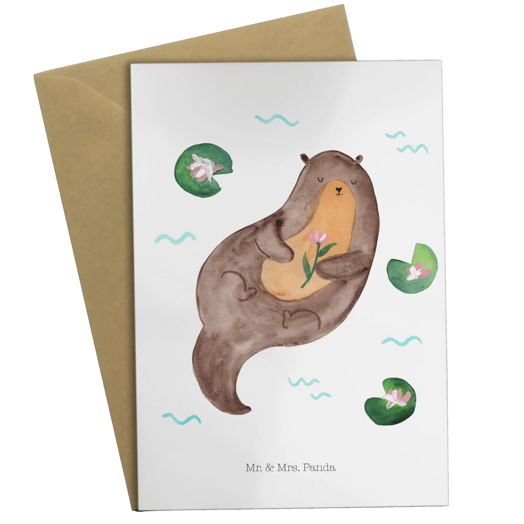 Grußkarte Otter mit Seerose Grußkarte, Klappkarte, Einladungskarte, Glückwunschkarte, Hochzeitskarte, Geburtstagskarte, Karte, Ansichtskarten, Otter, Fischotter, Seeotter, Otter Seeotter See Otter