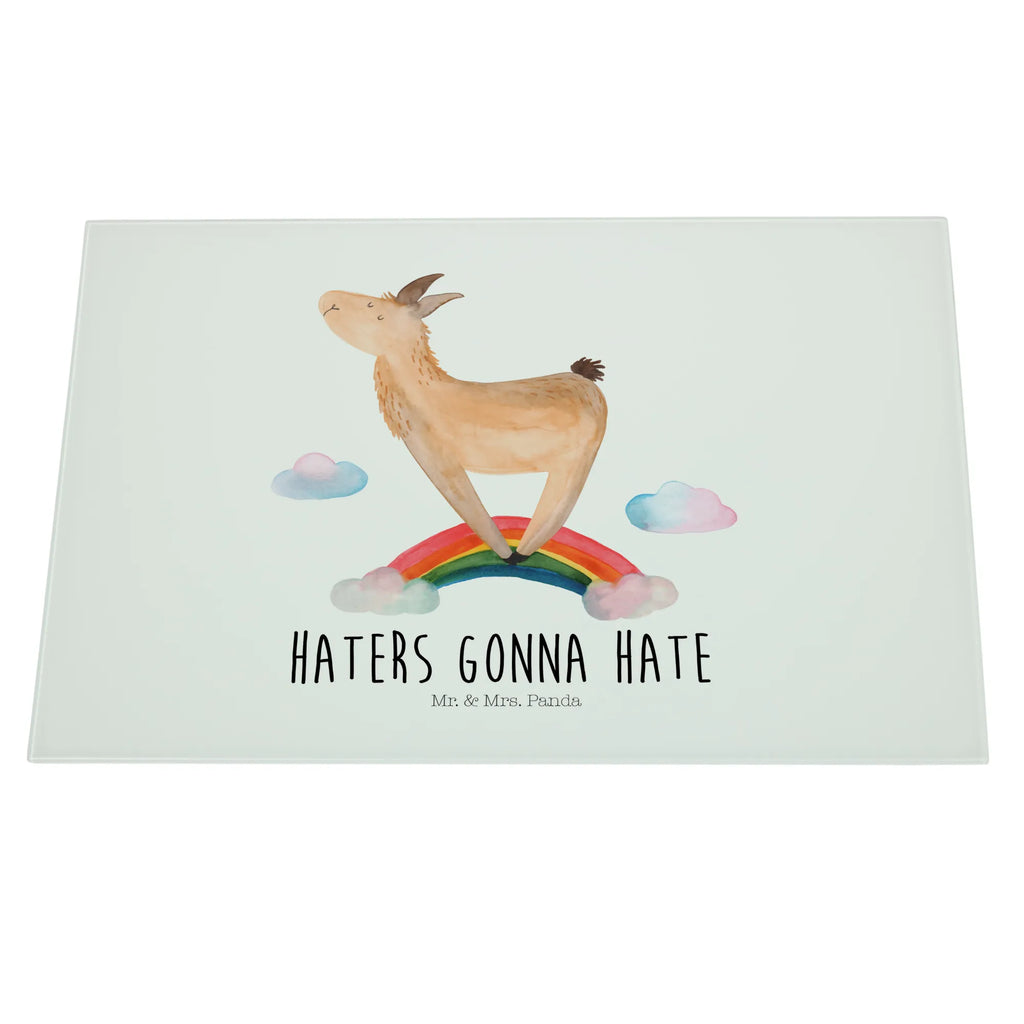 Glasschneidebrett Lama Regenbogen Glasschneidebrett, Schneidebrett, Lama, Alpaka, Lamas, Regenbogen, Haters gonna hate, Haters, Selbstständig, Außenseiter, Schule, Abi, Hobby, Wolkenland, Freiheit