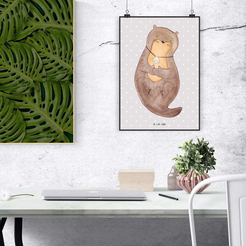 Poster Otter Muschel Poster, Wandposter, Bild, Wanddeko, Küchenposter, Kinderposter, Wanddeko Bild, Raumdekoration, Wanddekoration, Handgemaltes Poster, Mr. & Mrs. Panda Poster, Designposter, Kunstdruck, Posterdruck, Otter, Fischotter, Seeotter, Otterliebe, grübeln, träumen, Motivation, Tagträumen, Büro