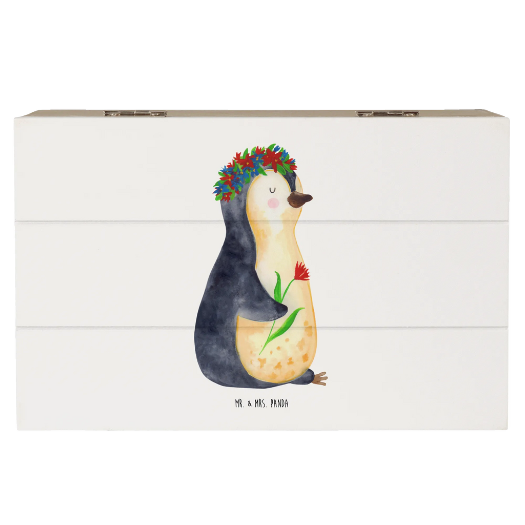 Holzkiste Pinguin Blumen Holzkiste, Kiste, Schatzkiste, Truhe, Schatulle, XXL, Erinnerungsbox, Erinnerungskiste, Dekokiste, Aufbewahrungsbox, Geschenkbox, Geschenkdose, Pinguin, Pinguine, Blumenkranz, Universum, Leben, Wünsche, Ziele, Lebensziele, Motivation, Lebenslust, Liebeskummer, Geschenkidee