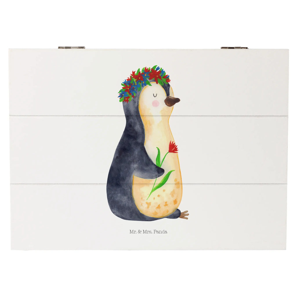 Holzkiste Pinguin Blumen Holzkiste, Kiste, Schatzkiste, Truhe, Schatulle, XXL, Erinnerungsbox, Erinnerungskiste, Dekokiste, Aufbewahrungsbox, Geschenkbox, Geschenkdose, Pinguin, Pinguine, Blumenkranz, Universum, Leben, Wünsche, Ziele, Lebensziele, Motivation, Lebenslust, Liebeskummer, Geschenkidee