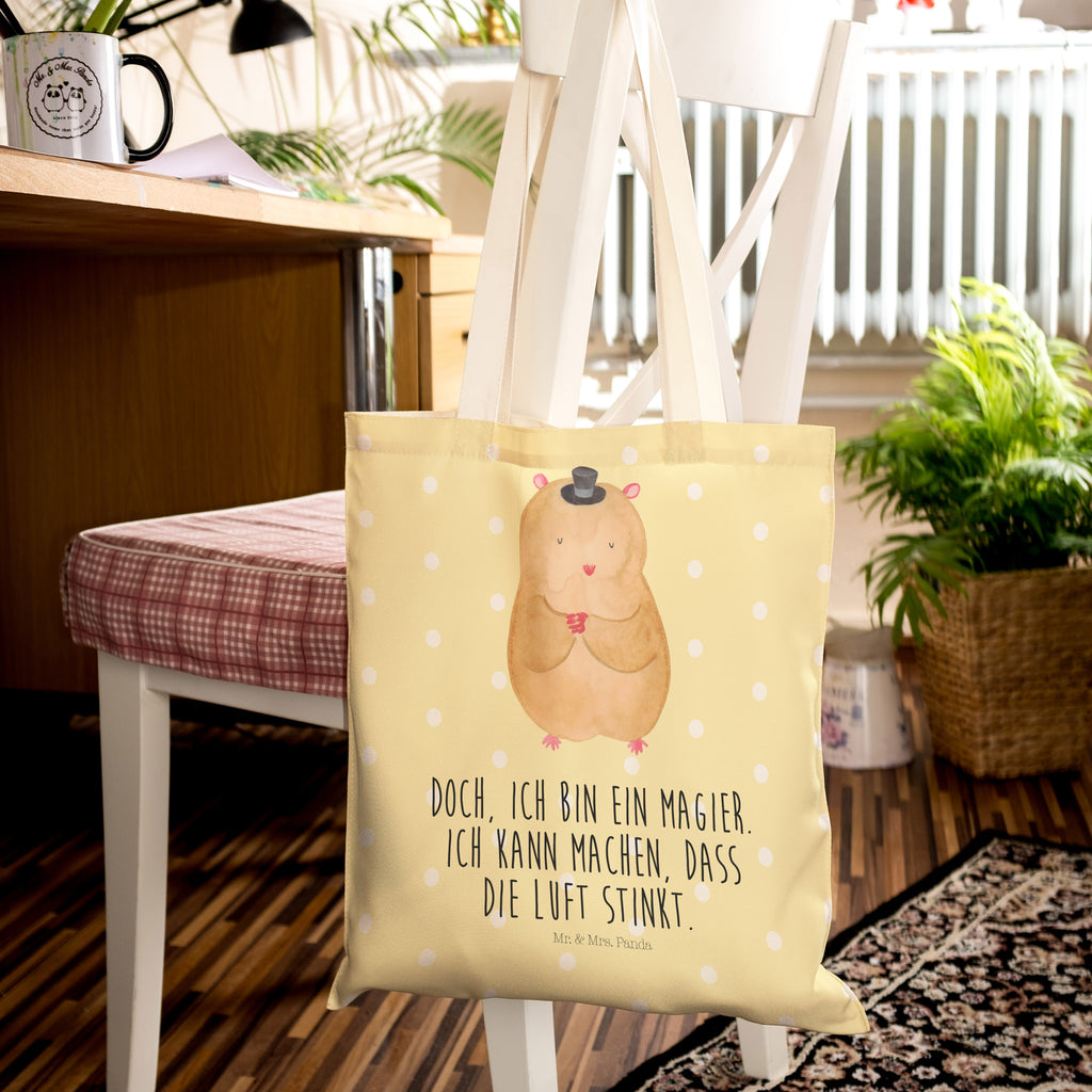 Einkaufstasche Hamster Hut Tragetasche, Tasche, Beutel, Stofftasche, Baumwolltasche, Umhängetasche, Shopper, Einkaufstasche, Beuteltasche, Tiermotive, Gute Laune, lustige Sprüche, Tiere, Hamster, Hut, Magier, Zylinder, Zwerghamster, Zauberer