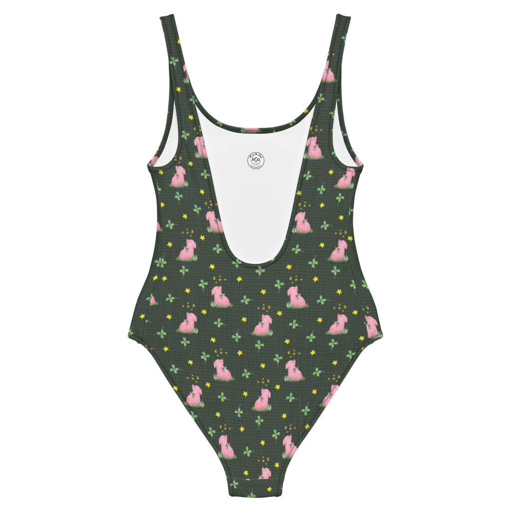 Badeanzug Schwein Glück Muster Badebekleidung, Bademode, Badeanzug, Swimsuit, Rückenfreier Badeanzug, Luxus-Bademode, Tiermotive, Gute Laune, lustige Sprüche, Tiere, Glücksschwein. Glück, Schwein, Schweinchen, Sterne, Sernchen, Ziele, Träume, Motivation, Glücksbringer