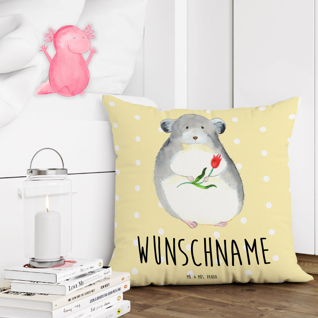 Personalisiertes Kissen Chinchilla mit Blume Kissen, personalisiert, Name, Wunschname, bedrucken, Kopfkissen, Tiermotive, Gute Laune, lustige Sprüche, Tiere, Chinchilla, Chinchillas, Liebeskummer, Kummer, Depressionen, traurig sein, Chaos, Glücklichsein, Büro, Büroalltag