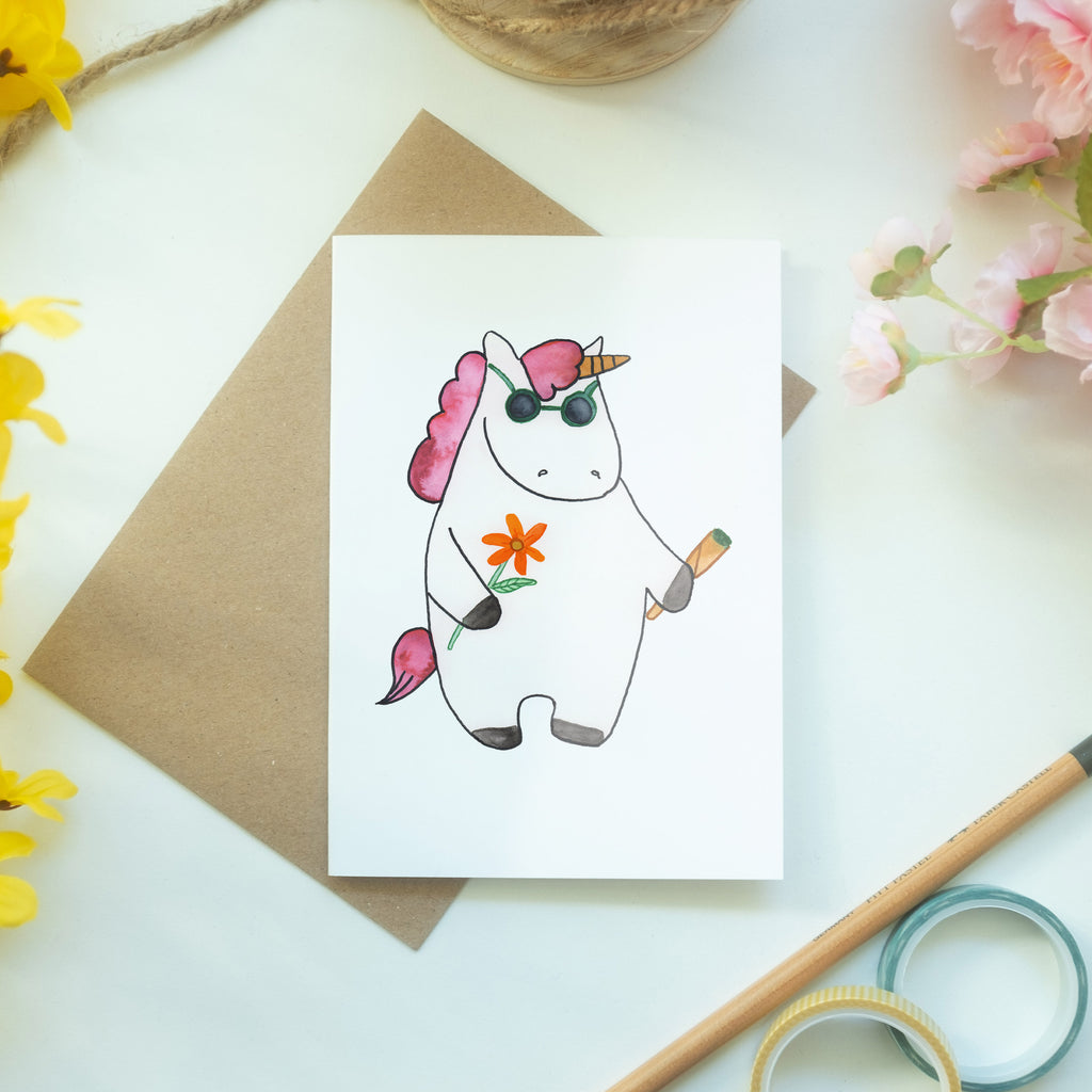 Grußkarte Einhorn Woodstock Grußkarte, Klappkarte, Einladungskarte, Glückwunschkarte, Hochzeitskarte, Geburtstagskarte, Karte, Einhorn, Einhörner, Einhorn Deko, Pegasus, Unicorn, Kiffen, Joint, Zigarette, Alkohol, Party, Spaß. lustig, witzig, Woodstock