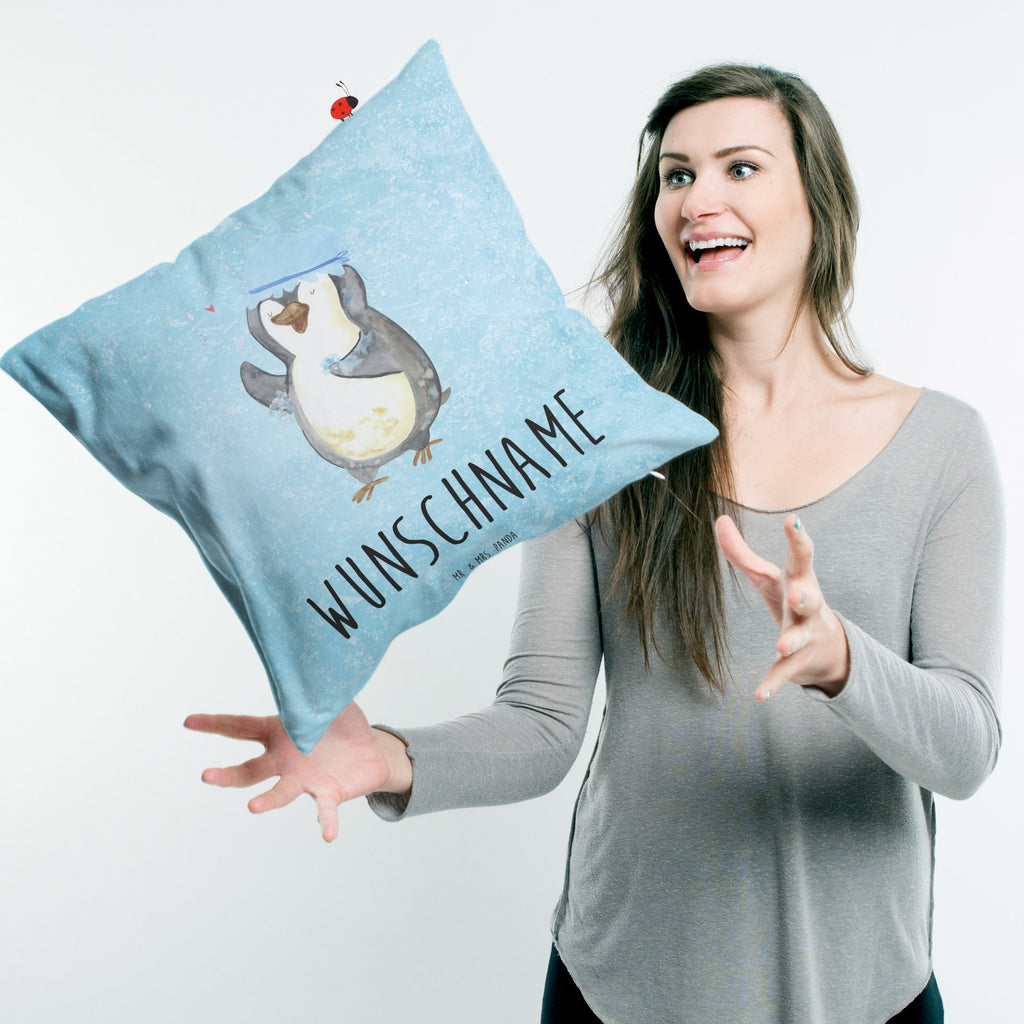 Personalisiertes Kissen Pinguin duscht Kissen, personalisiert, Name, Wunschname, bedrucken, Kopfkissen, Pinguin, Pinguine, Dusche, duschen, Lebensmotto, Motivation, Neustart, Neuanfang, glücklich sein