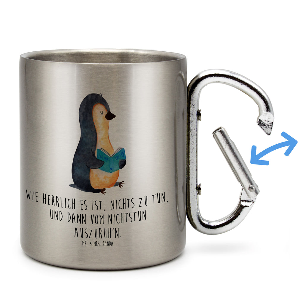 Edelstahlbecher Pinguin Buch Edelstahltasse, Karabiner, Edelstahlbecher, Outdoor, Camping, Tasse, Becher, Pinguin, Pinguine, Buch, Lesen, Bücherwurm, Nichtstun, Faulenzen, Ferien, Urlaub, Freizeit