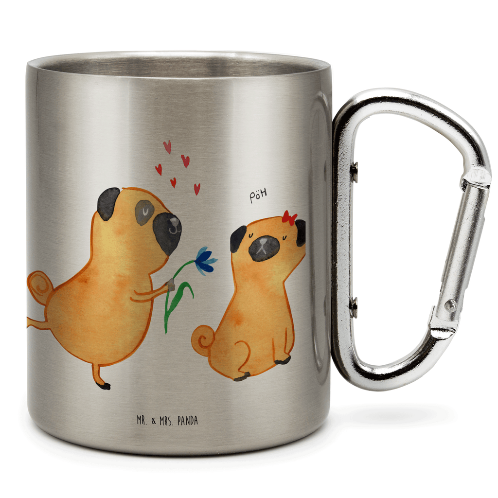 Edelstahlbecher Mops verliebt Edelstahltasse, Karabiner, Edelstahlbecher, Outdoor, Camping, Tasse, Becher, Hund, Hundemotiv, Haustier, Hunderasse, Tierliebhaber, Hundebesitzer, Sprüche, Mops, Möpse, Hundeliebe, verliebt, Liebe, Liebesspruch. Verlobt, Geschenk Freund, Partner