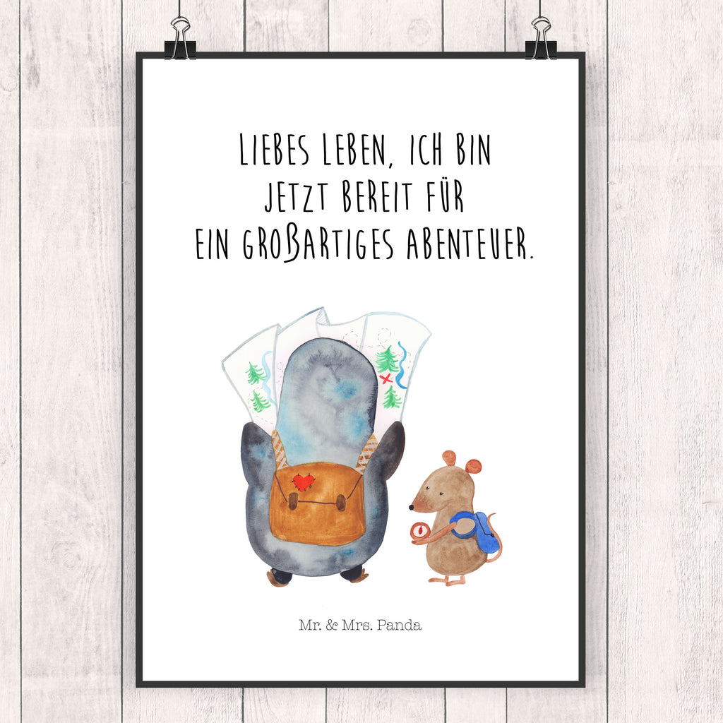 Poster Pinguin & Maus Wanderer Poster, Wandposter, Bild, Wanddeko, Küchenposter, Kinderposter, Wanddeko Bild, Raumdekoration, Wanddekoration, Handgemaltes Poster, Mr. & Mrs. Panda Poster, Designposter, Kunstdruck, Posterdruck, Pinguin, Pinguine, Abenteurer, Abenteuer, Roadtrip, Ausflug, Wanderlust, wandern