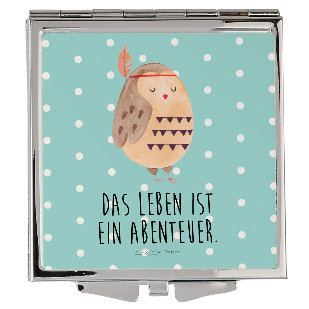 Handtaschenspiegel quadratisch Eule Federschmuck Spiegel, Handtasche, Quadrat, silber, schminken, Schminkspiegel, Eule, Eule Deko, Owl, Das Leben ist ein Abenteuer, Reisespruch, Federschmuck, Dekoration