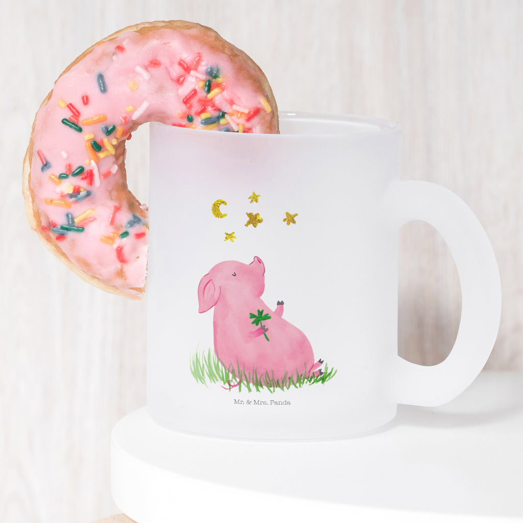 Teetasse Glücksschwein Teetasse, Teeglas, Teebecher, Tasse mit Henkel, Tasse, Glas Teetasse, Teetasse aus Glas, Tiermotive, Gute Laune, lustige Sprüche, Tiere, Glücksschwein. Glück, Schwein, Schweinchen, Sterne, Sernchen, Ziele, Träume, Motivation, Glücksbringer