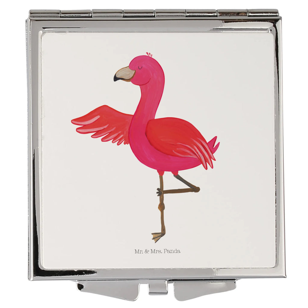 Handtaschenspiegel quadratisch Flamingo Yoga Spiegel, Handtasche, Quadrat, silber, schminken, Schminkspiegel, Flamingo, Vogel, Yoga, Namaste, Achtsamkeit, Yoga-Übung, Entspannung, Ärger, Aufregen, Tiefenentspannung