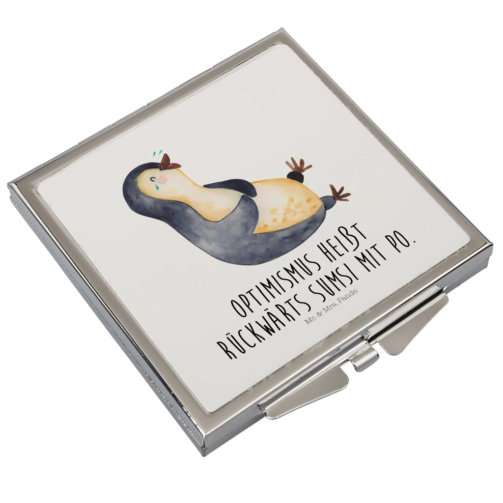 Handtaschenspiegel quadratisch Pinguin Lachen Spiegel, Handtasche, Quadrat, silber, schminken, Schminkspiegel, Pinguin, Pinguine, lustiger Spruch, Optimismus, Fröhlich, Lachen, Humor, Fröhlichkeit